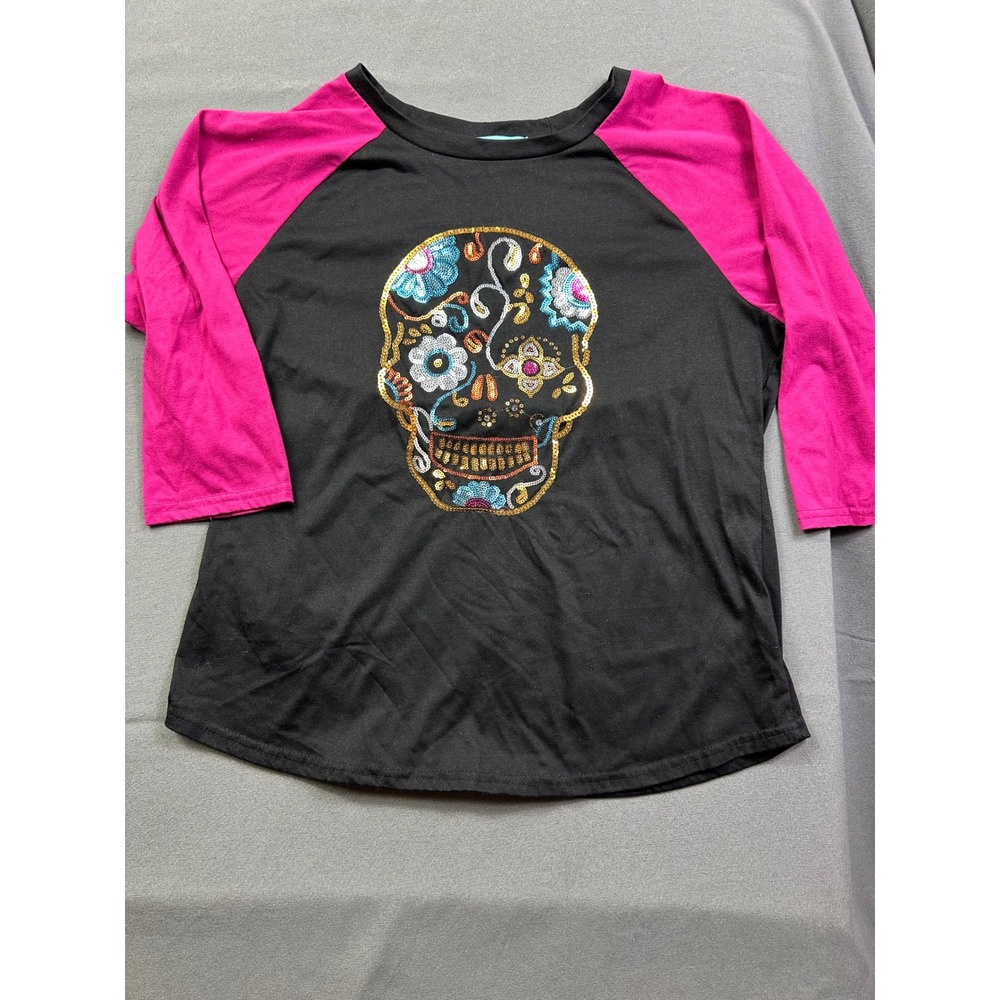 South‎ Main Women Sugar Skull Sequin Raglan Tee Black Pink 3/4 Sleeve size Large